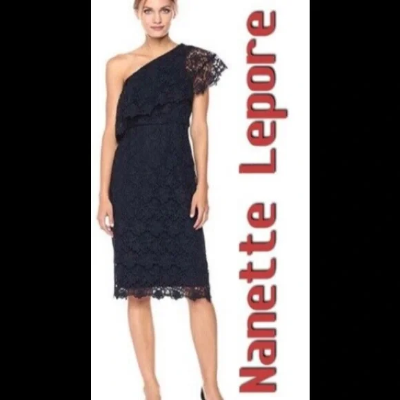 Nanette Nanette Lepore Women's One-Shoulder Floral Lace Shift Dress - DARK Navy - Size 12 Nanette Nanette Lepore Women's One-Shoulder Floral Lace Shift Dress - DARK Navy - Size 12